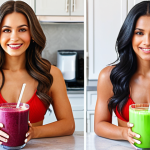 **Prompt:** A vibrant smoothie with berries and a scoop of collagen powder, next to a satisfied-looking woman with strong, shiny hair. The background includes a kitchen setting with fresh fruits and healthy ingredients, conveying a sense of well-being and healthy hair from within.