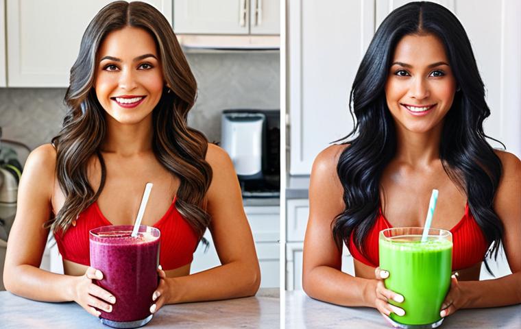 **Prompt:** A vibrant smoothie with berries and a scoop of collagen powder, next to a satisfied-looking woman with strong, shiny hair. The background includes a kitchen setting with fresh fruits and healthy ingredients, conveying a sense of well-being and healthy hair from within.