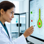 A serene, professional female scientist, fully clothed in a modest lab coat, stands in a clean, brightly lit research laboratory. She is observing a holographic projection that visualizes microscopic cellular activity and nutrient pathways, emphasizing Vitamin K's subtle role in promoting healthy scalp microcirculation and robust hair follicle function. The background is minimalistic with a focus on scientific precision and advanced technology. Perfect anatomy, correct proportions, natural pose, well-formed hands, proper finger count, natural body proportions, professional photography, high quality, safe for work, appropriate content, fully clothed, professional dress.